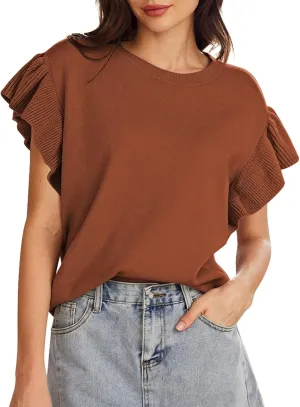 Pink Queen Women's Crew Neck Ruffle Edge Sleeves Loose Oversized Knit Pullover Sweater Jumper Tops Summer Fall Winter