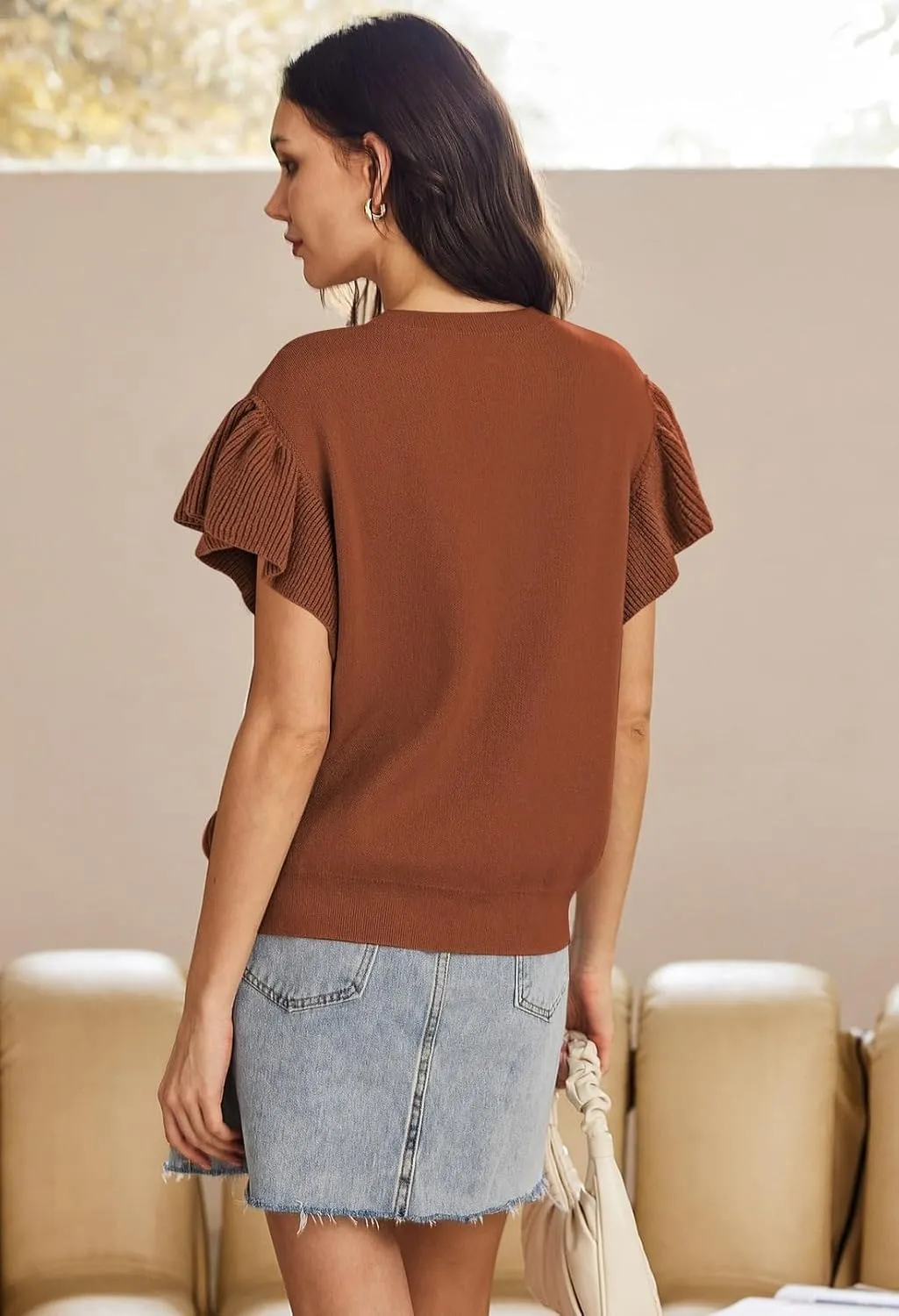 Pink Queen Women's Crew Neck Ruffle Edge Sleeves Loose Oversized Knit Pullover Sweater Jumper Tops Summer Fall Winter