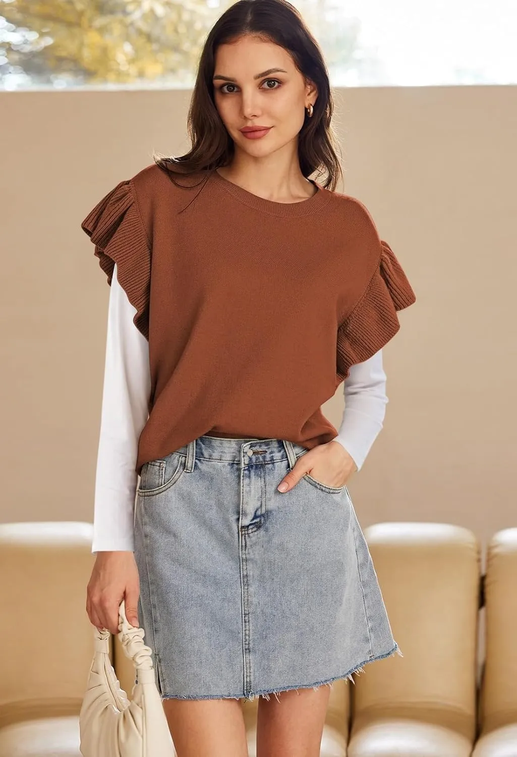 Pink Queen Women's Crew Neck Ruffle Edge Sleeves Loose Oversized Knit Pullover Sweater Jumper Tops Summer Fall Winter