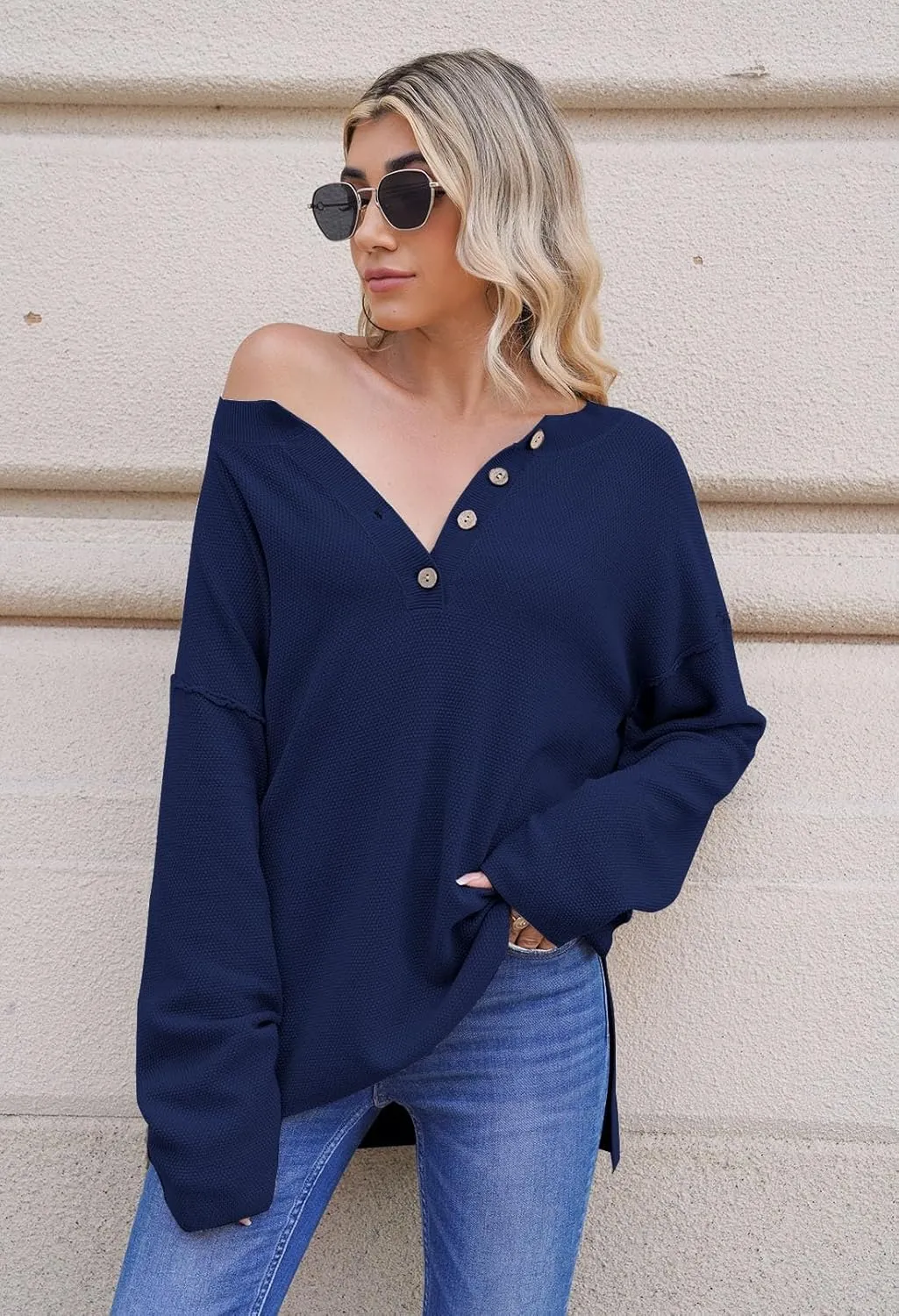 Pink Queen Women's V Neck Button Sweater Oversized Batwing Long Sleeve Henley Pullover Knit Jumper Top