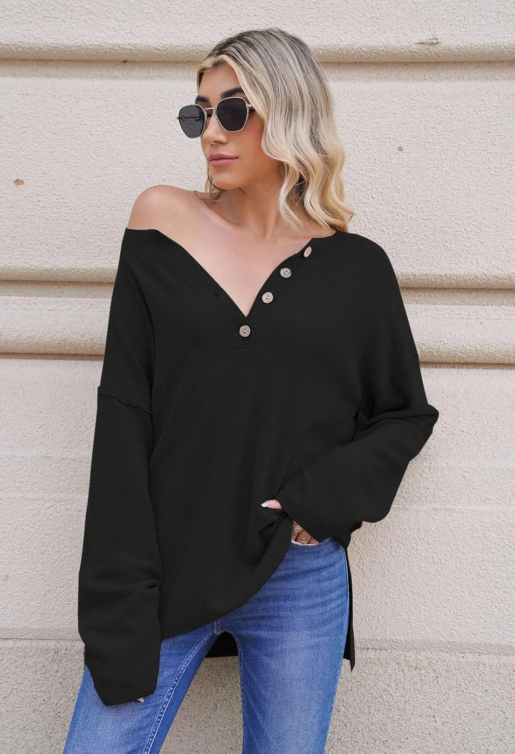 Pink Queen Women's V Neck Button Sweater Oversized Batwing Long Sleeve Henley Pullover Knit Jumper Top