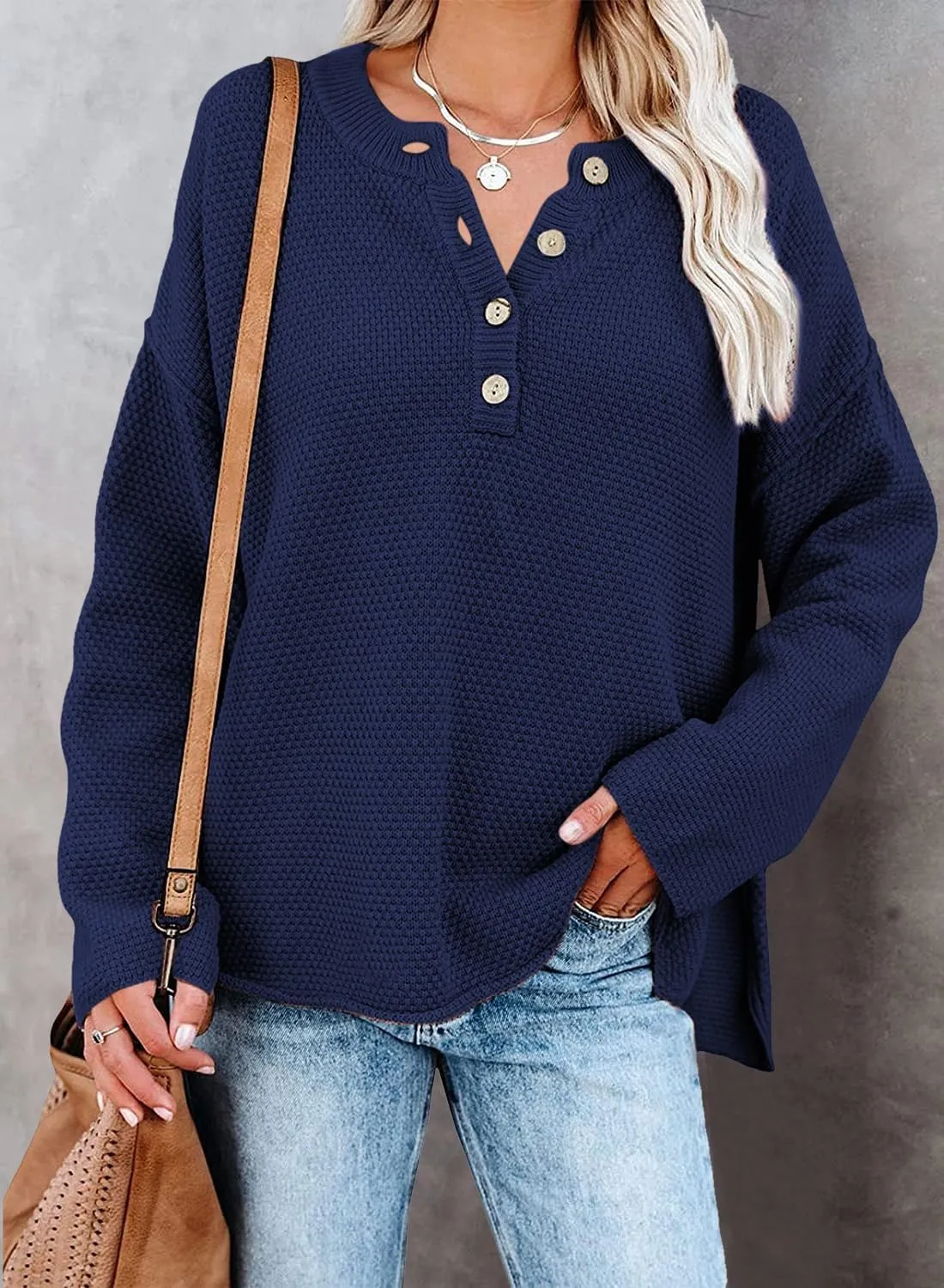 Pink Queen Women's V Neck Button Sweater Oversized Batwing Long Sleeve Henley Pullover Knit Jumper Top