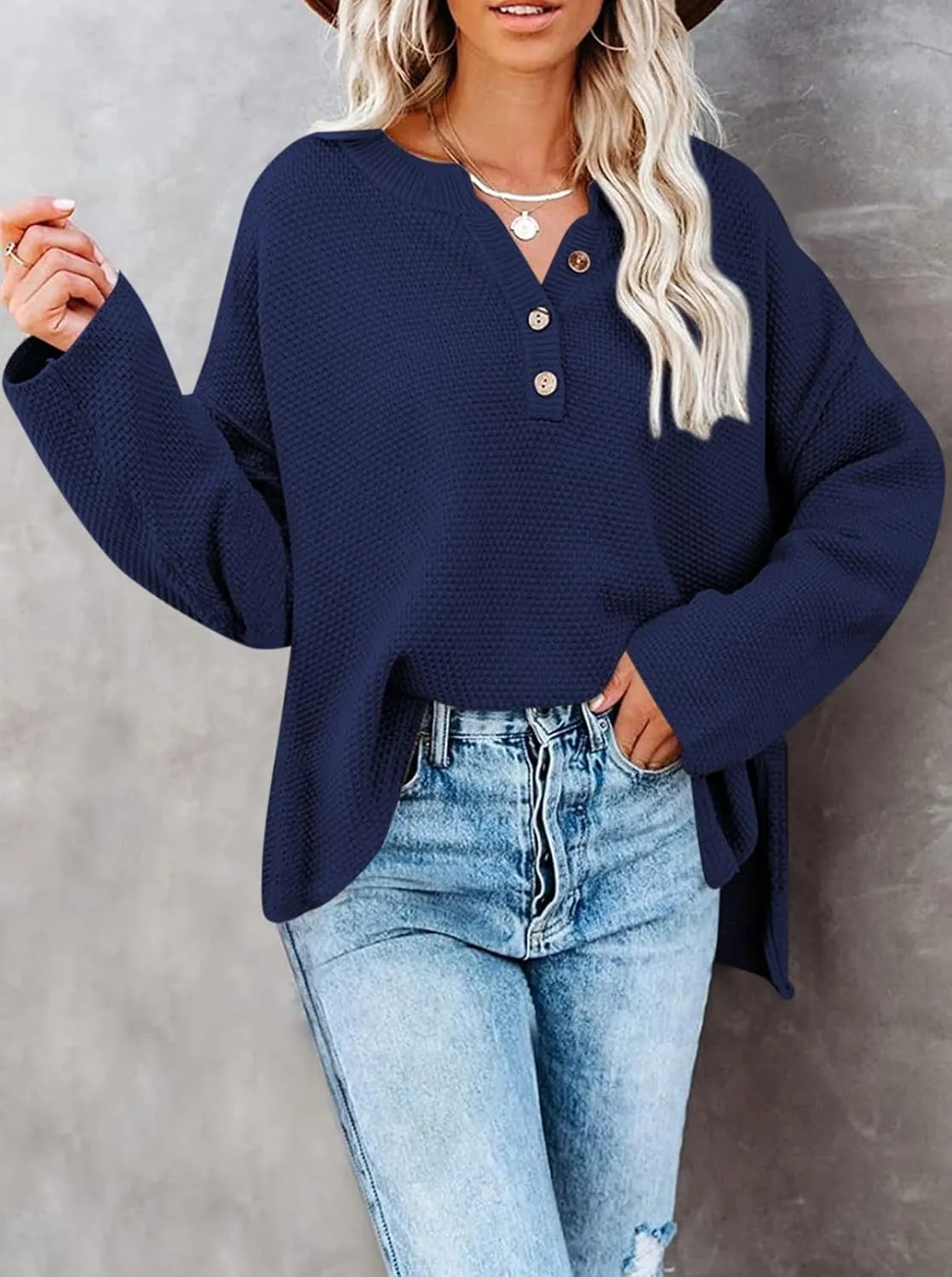 Pink Queen Women's V Neck Button Sweater Oversized Batwing Long Sleeve Henley Pullover Knit Jumper Top
