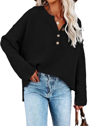 Pink Queen Women's V Neck Button Sweater Oversized Batwing Long Sleeve Henley Pullover Knit Jumper Top
