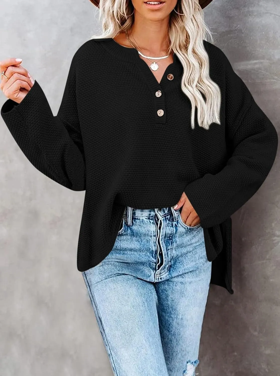 Pink Queen Women's V Neck Button Sweater Oversized Batwing Long Sleeve Henley Pullover Knit Jumper Top