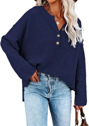 Pink Queen Women's V Neck Button Sweater Oversized Batwing Long Sleeve Henley Pullover Knit Jumper Top