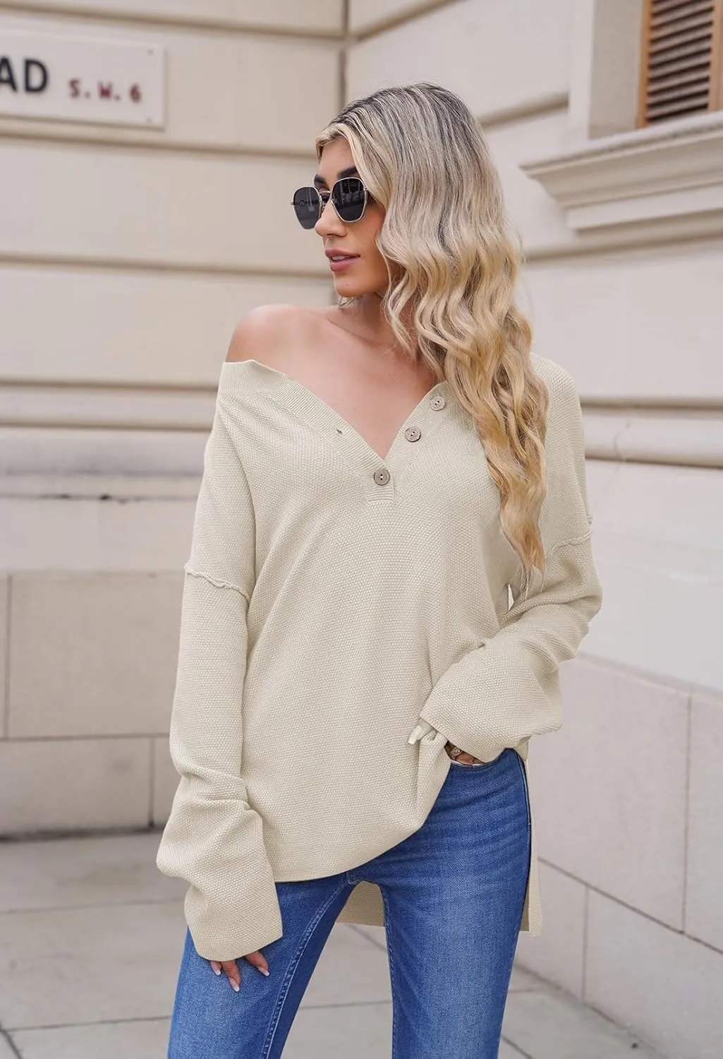 Pink Queen Women's V Neck Button Sweater Oversized Batwing Long Sleeve Henley Pullover Knit Jumper Top