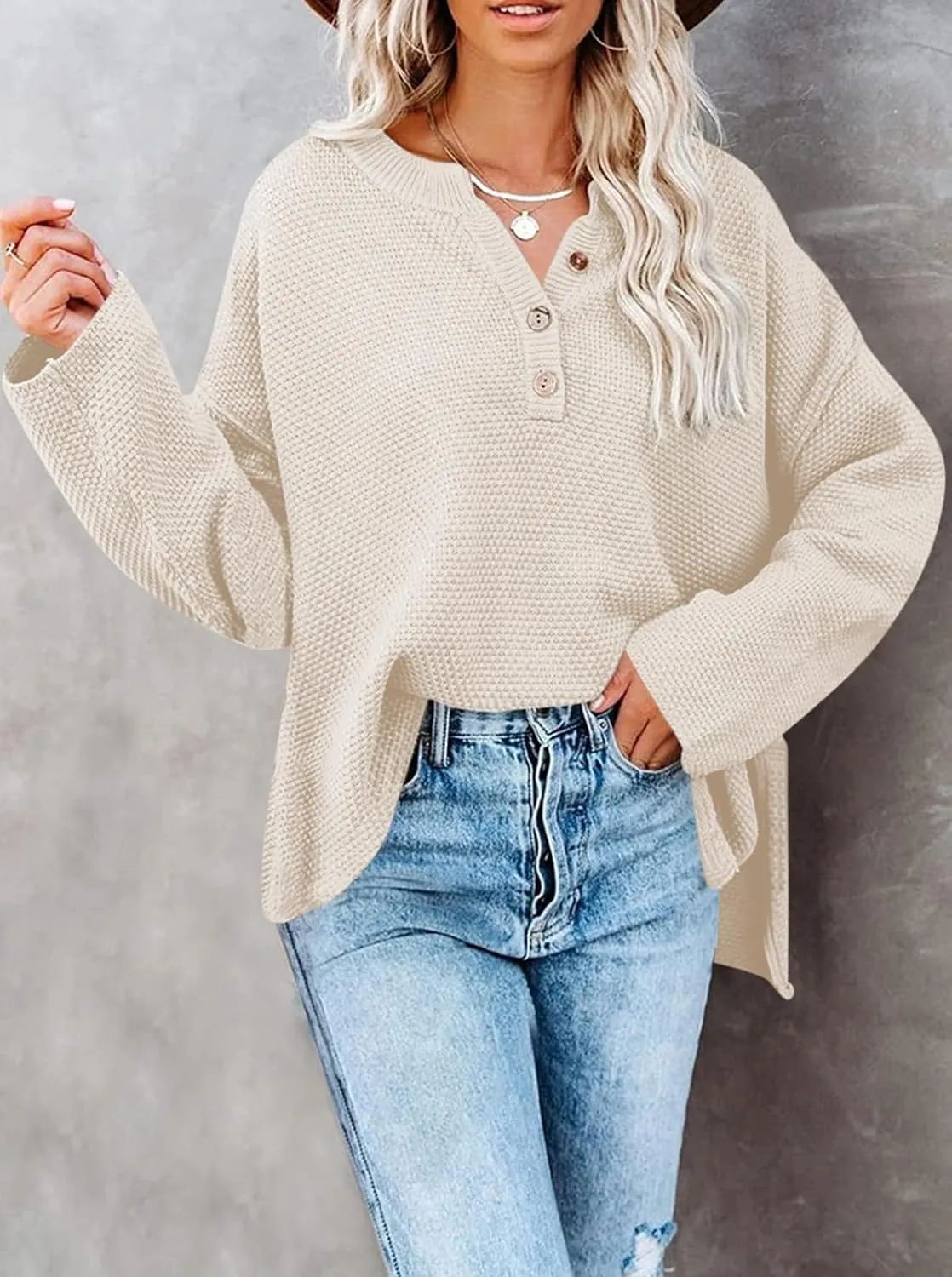 Pink Queen Women's V Neck Button Sweater Oversized Batwing Long Sleeve Henley Pullover Knit Jumper Top