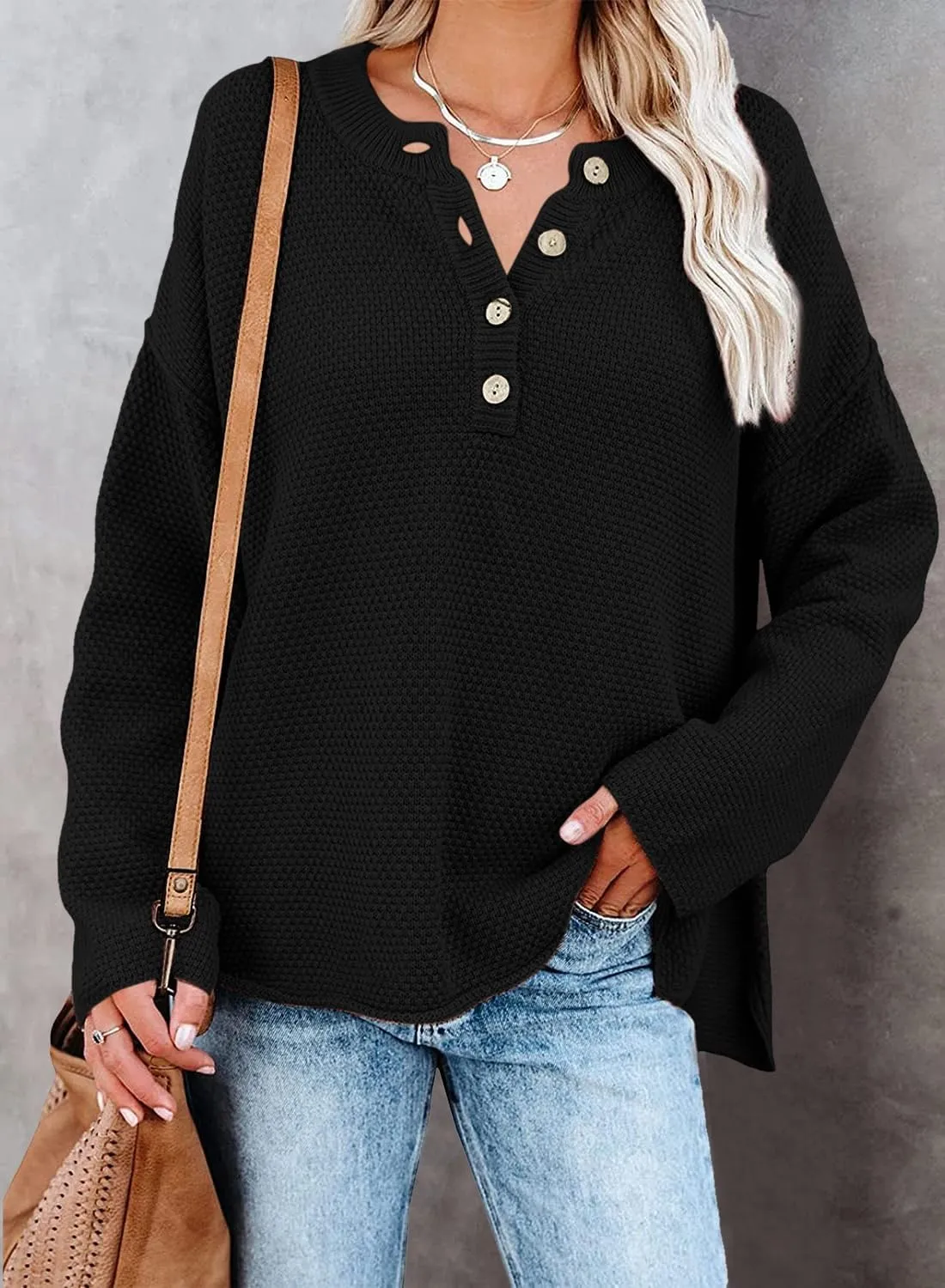 Pink Queen Women's V Neck Button Sweater Oversized Batwing Long Sleeve Henley Pullover Knit Jumper Top