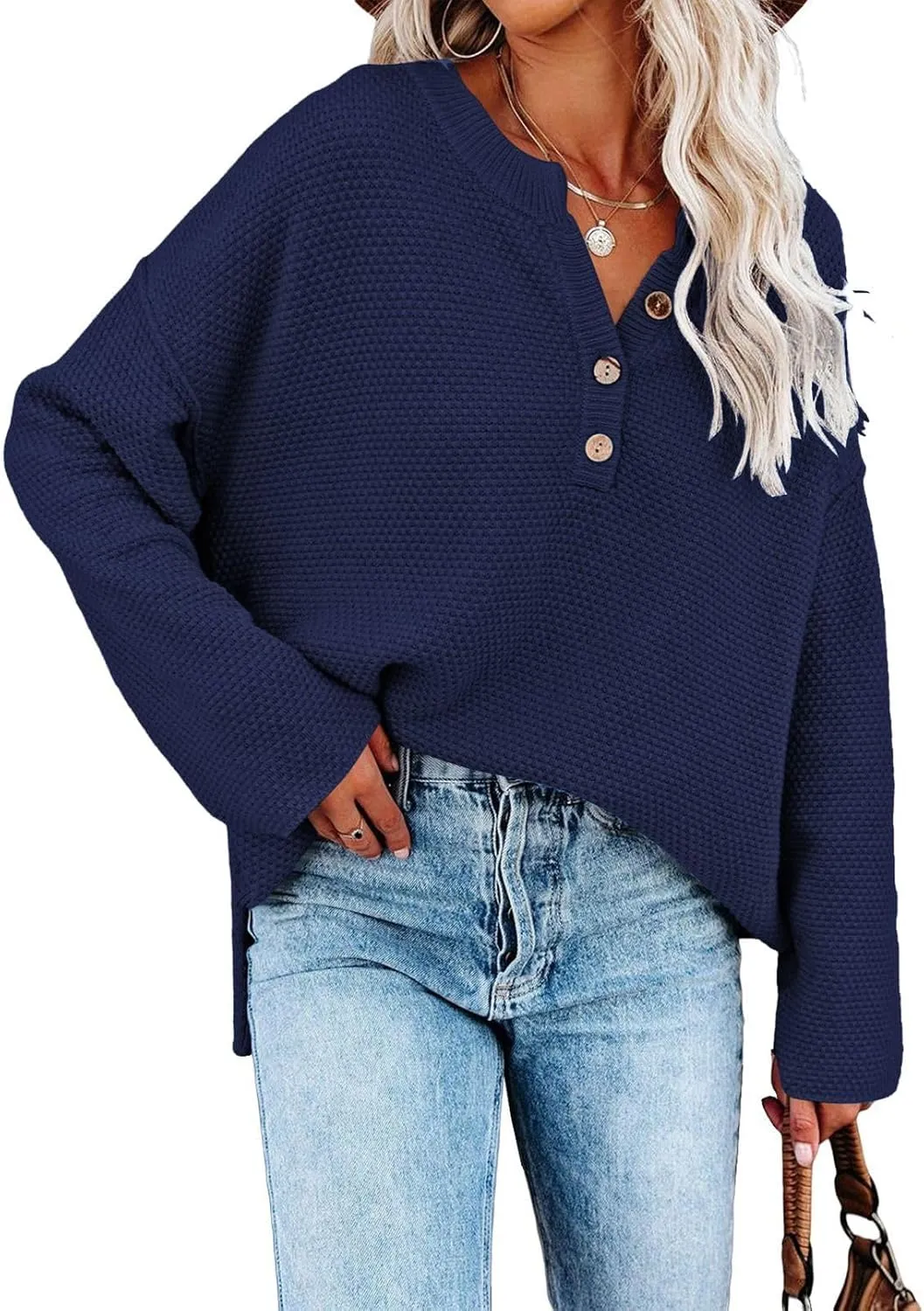Pink Queen Women's V Neck Button Sweater Oversized Batwing Long Sleeve Henley Pullover Knit Jumper Top