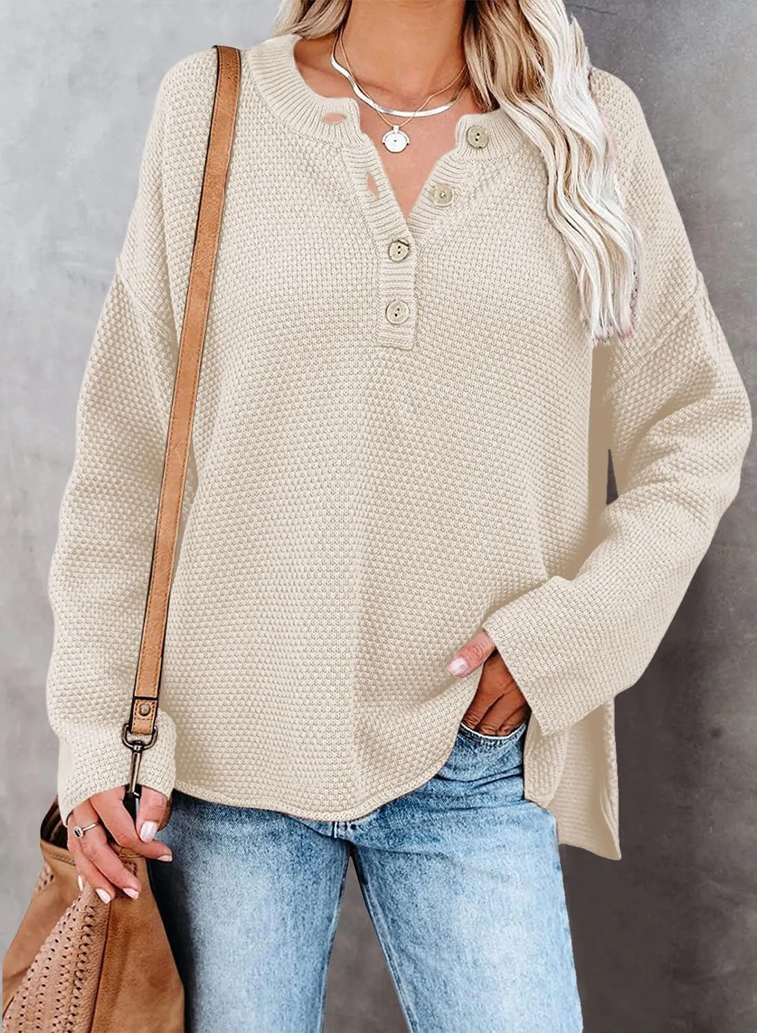 Pink Queen Women's V Neck Button Sweater Oversized Batwing Long Sleeve Henley Pullover Knit Jumper Top