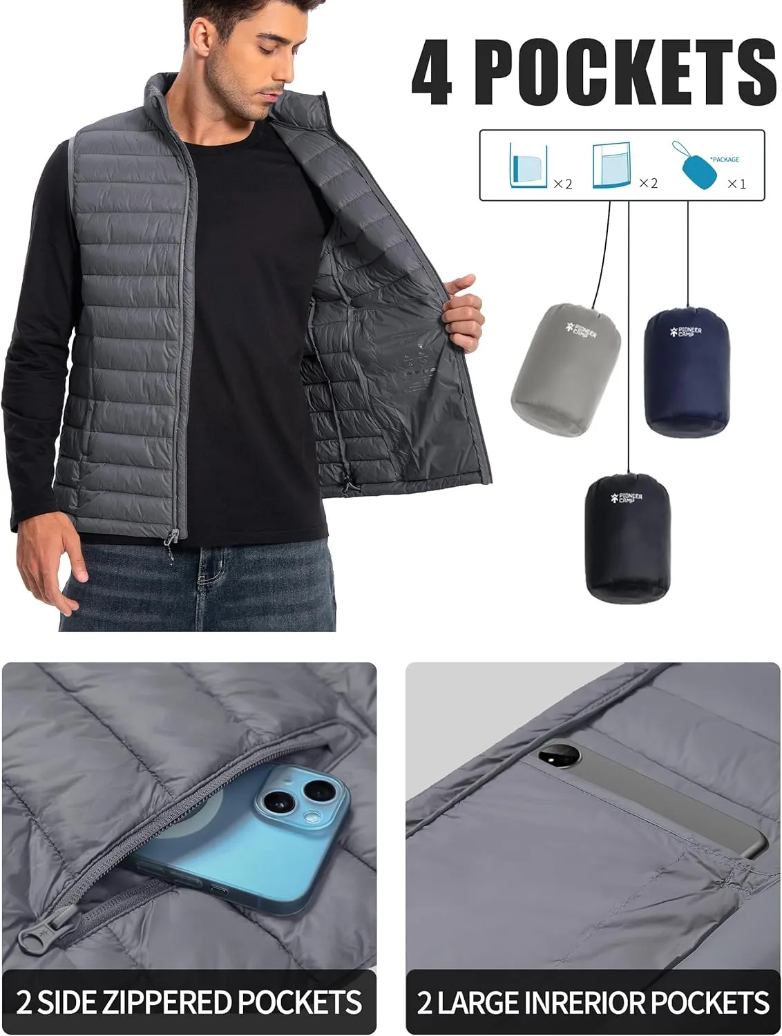 Pioneer Camp Men's Lightweight Puffer Vest Packable Water-Repellent Warm Quilted Sleeveless Outerwear for Work Casual Travel…