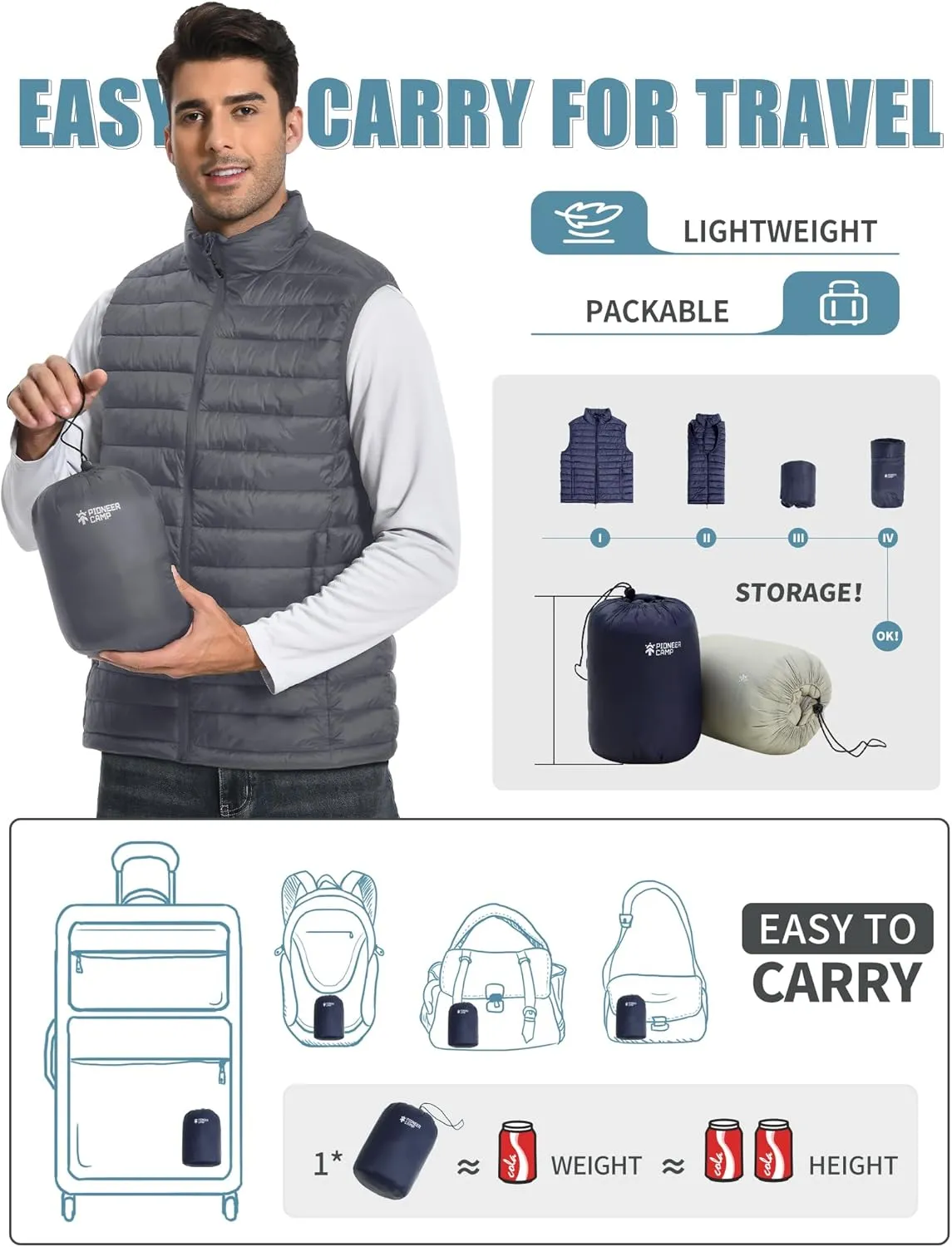 Pioneer Camp Men's Lightweight Puffer Vest Packable Water-Repellent Warm Quilted Sleeveless Outerwear for Work Casual Travel…