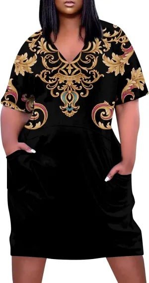 Plus Size Dresses for Curvy Women 2024 Summer Casual Short Sleeve Tshirt Midi Dress with Pockets Beach Vacation Dress