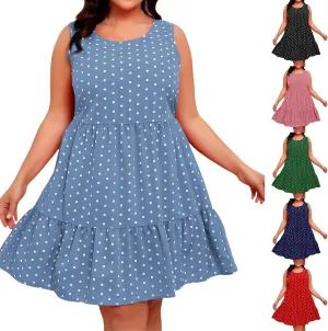 Plus Size Sundresses for Women 2025 Vacation Polka Dot Short Tank Dress Casual Summer Tiered Ruffle Mini Beach Dress