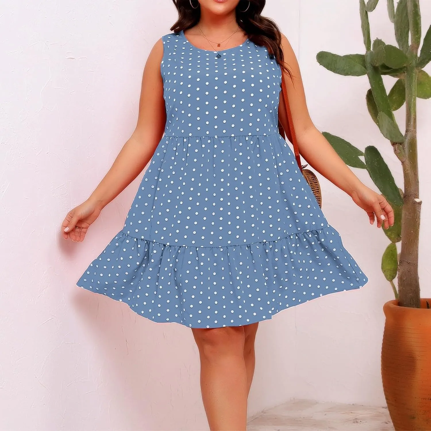 Plus Size Sundresses for Women 2025 Vacation Polka Dot Short Tank Dress Casual Summer Tiered Ruffle Mini Beach Dress