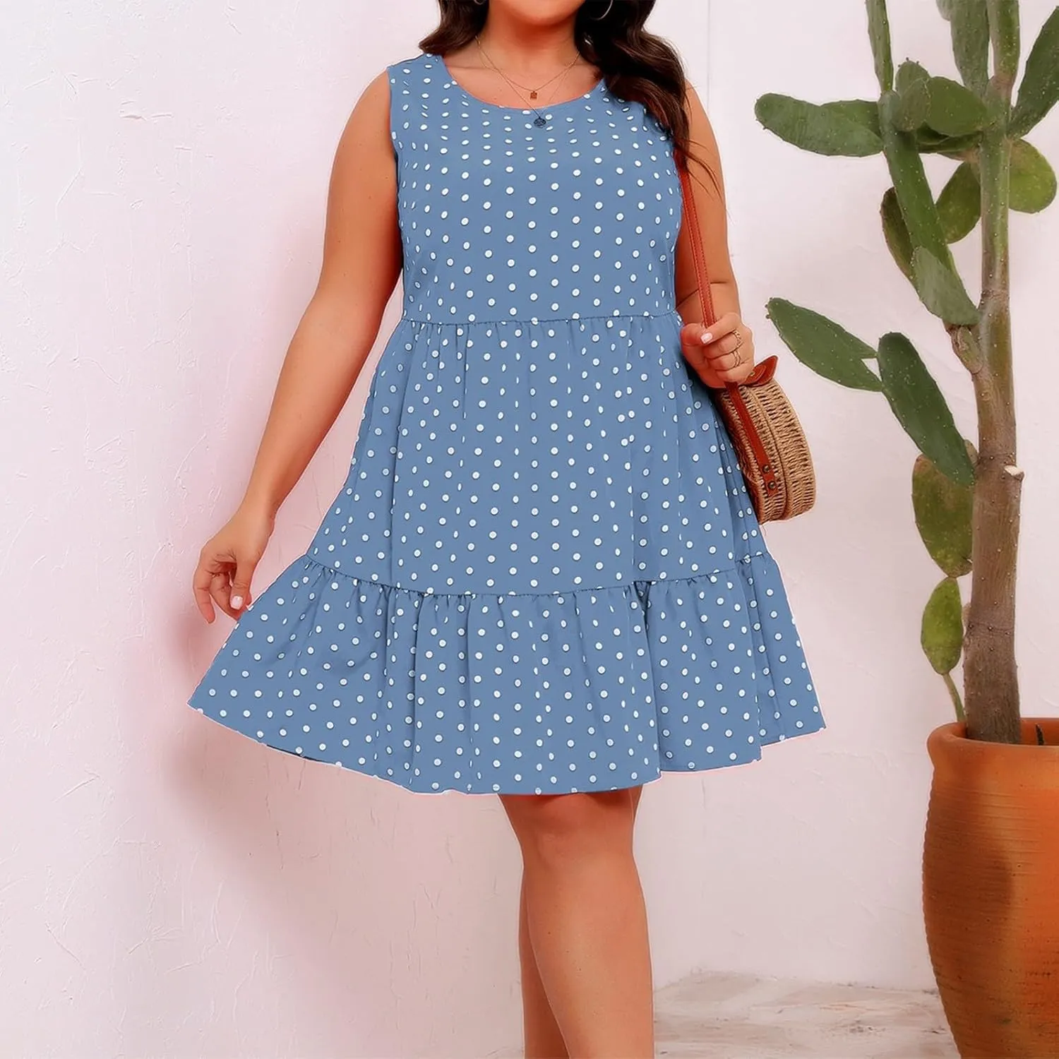 Plus Size Sundresses for Women 2025 Vacation Polka Dot Short Tank Dress Casual Summer Tiered Ruffle Mini Beach Dress