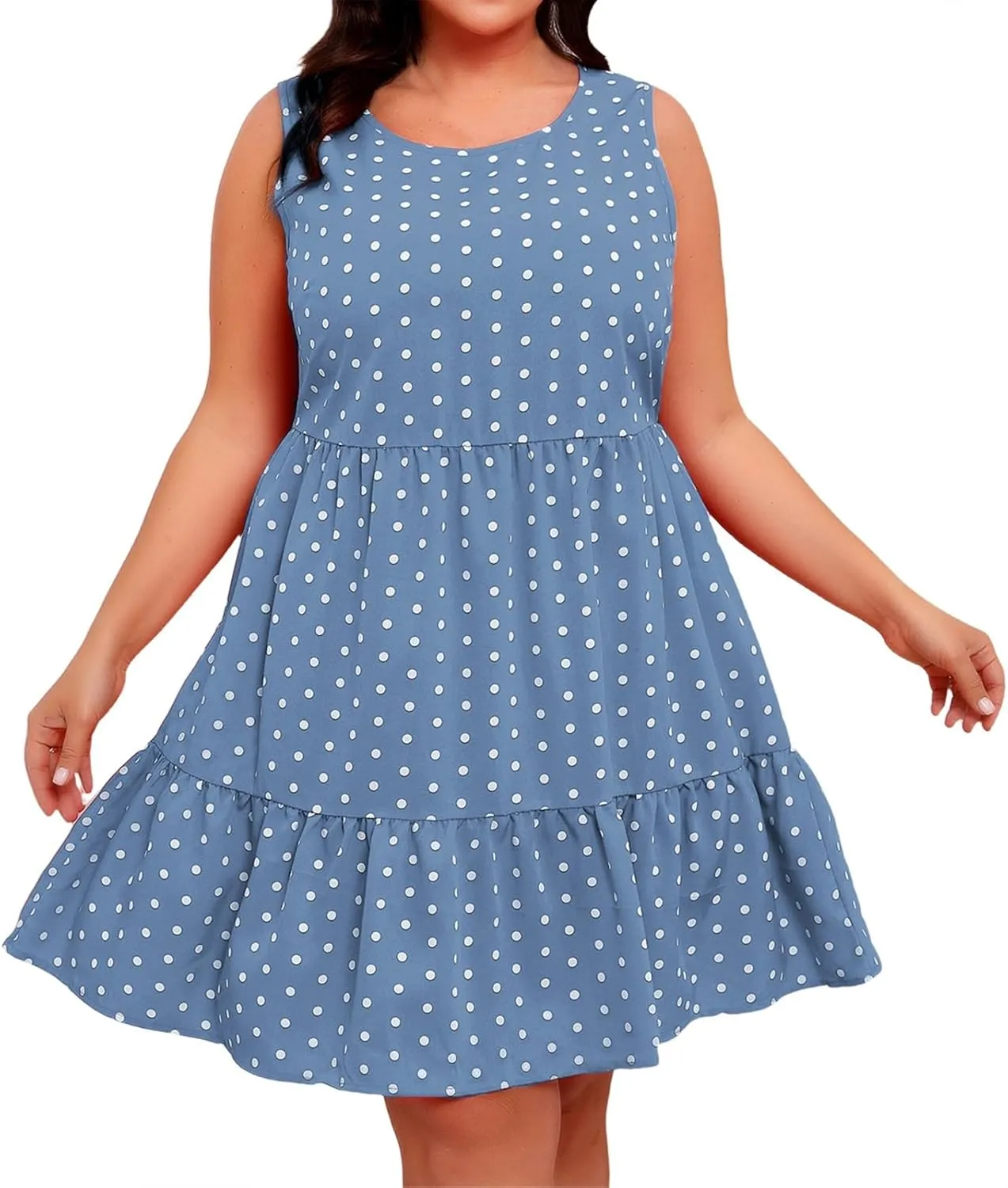 Plus Size Sundresses for Women 2025 Vacation Polka Dot Short Tank Dress Casual Summer Tiered Ruffle Mini Beach Dress