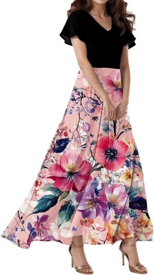 Prom Dresses,Flowy Wedding Guest Floral Maxi Dress Short Sleeve Semi Formal Spring Summer Dresses for Women 2025