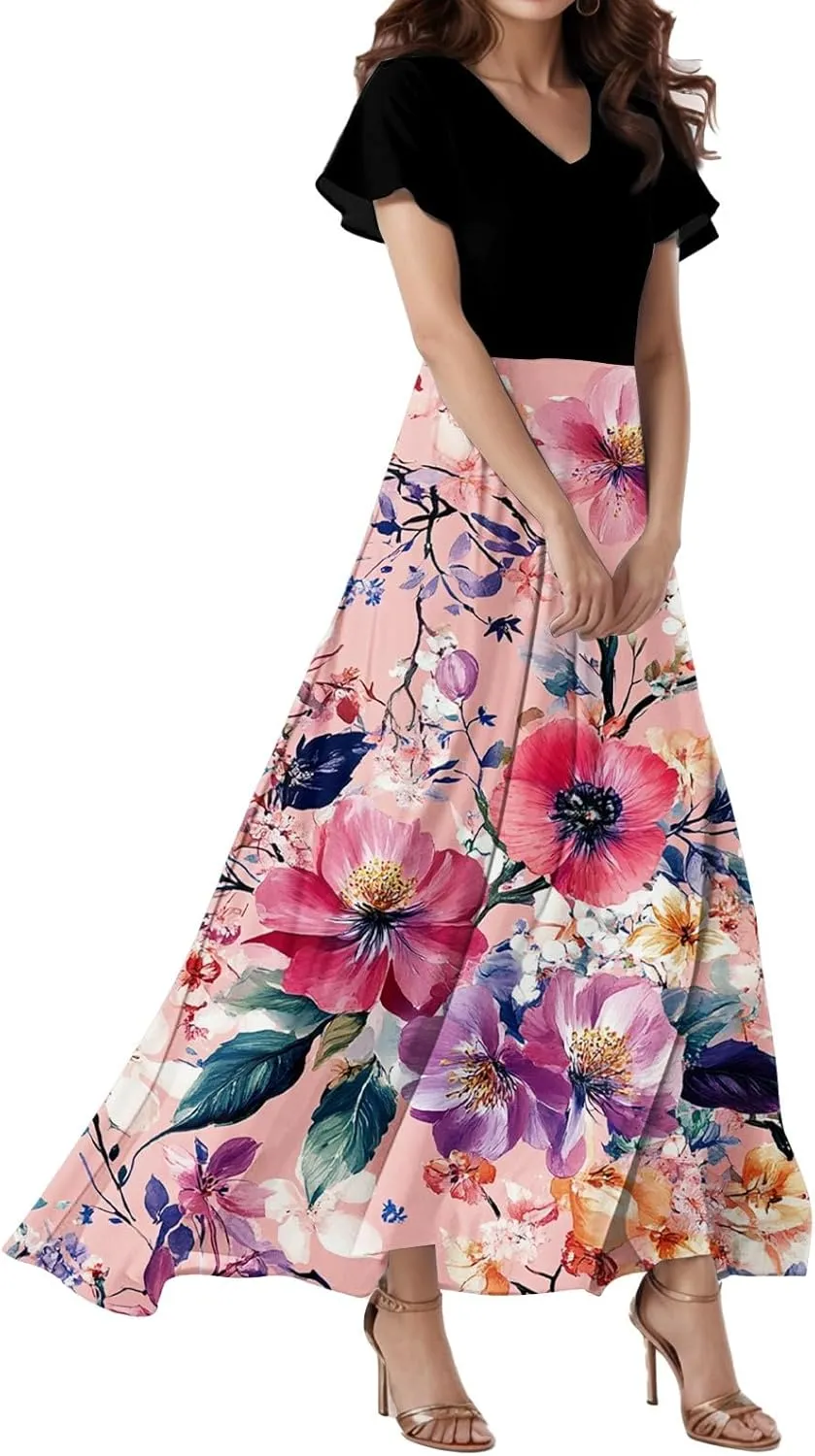 Prom Dresses,Flowy Wedding Guest Floral Maxi Dress Short Sleeve Semi Formal Spring Summer Dresses for Women 2025