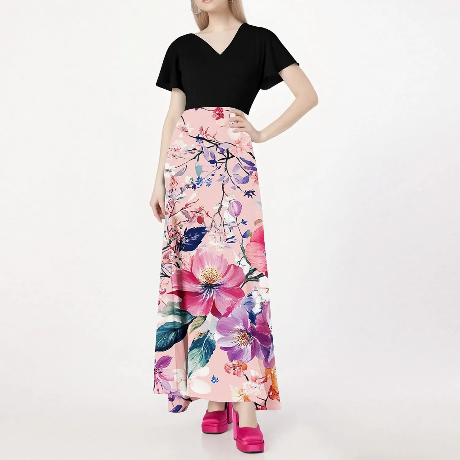 Prom Dresses,Flowy Wedding Guest Floral Maxi Dress Short Sleeve Semi Formal Spring Summer Dresses for Women 2025