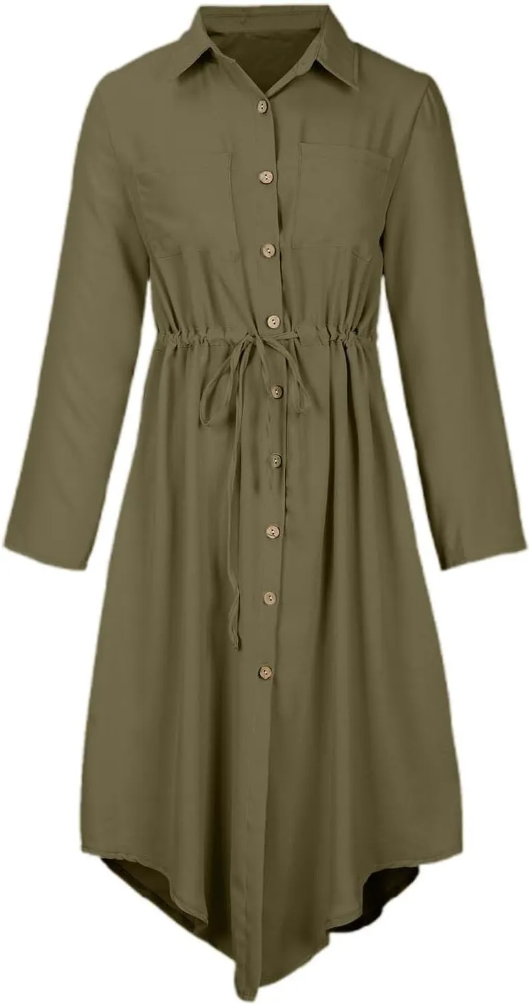 PTOLOCIF Beach Dresses for Women Casual Cotton Linen Dresses Loose Lapel Drawstring Shirt Dress Solid Button Down Sundress