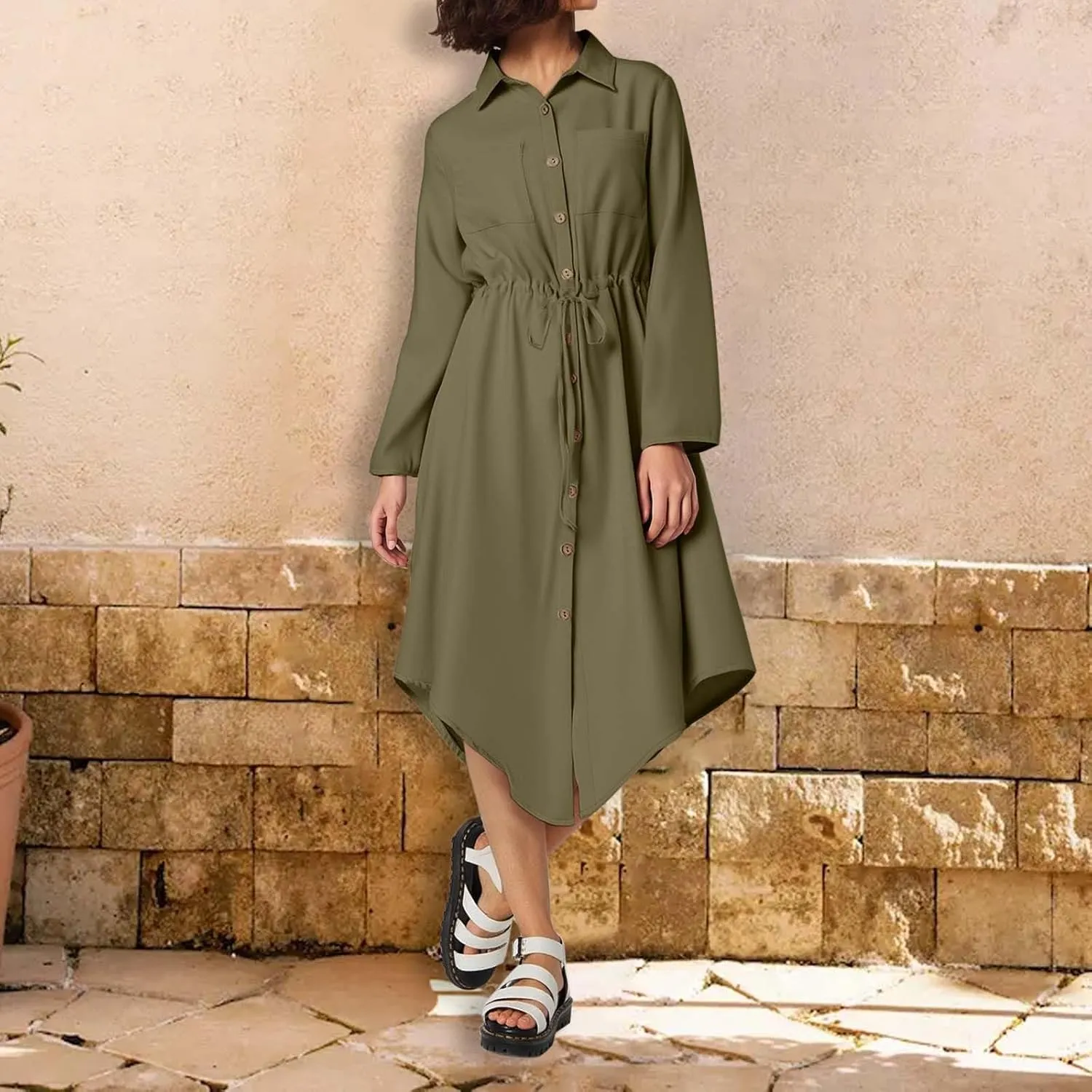 PTOLOCIF Beach Dresses for Women Casual Cotton Linen Dresses Loose Lapel Drawstring Shirt Dress Solid Button Down Sundress