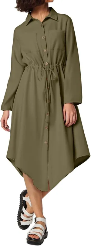 PTOLOCIF Beach Dresses for Women Casual Cotton Linen Dresses Loose Lapel Drawstring Shirt Dress Solid Button Down Sundress