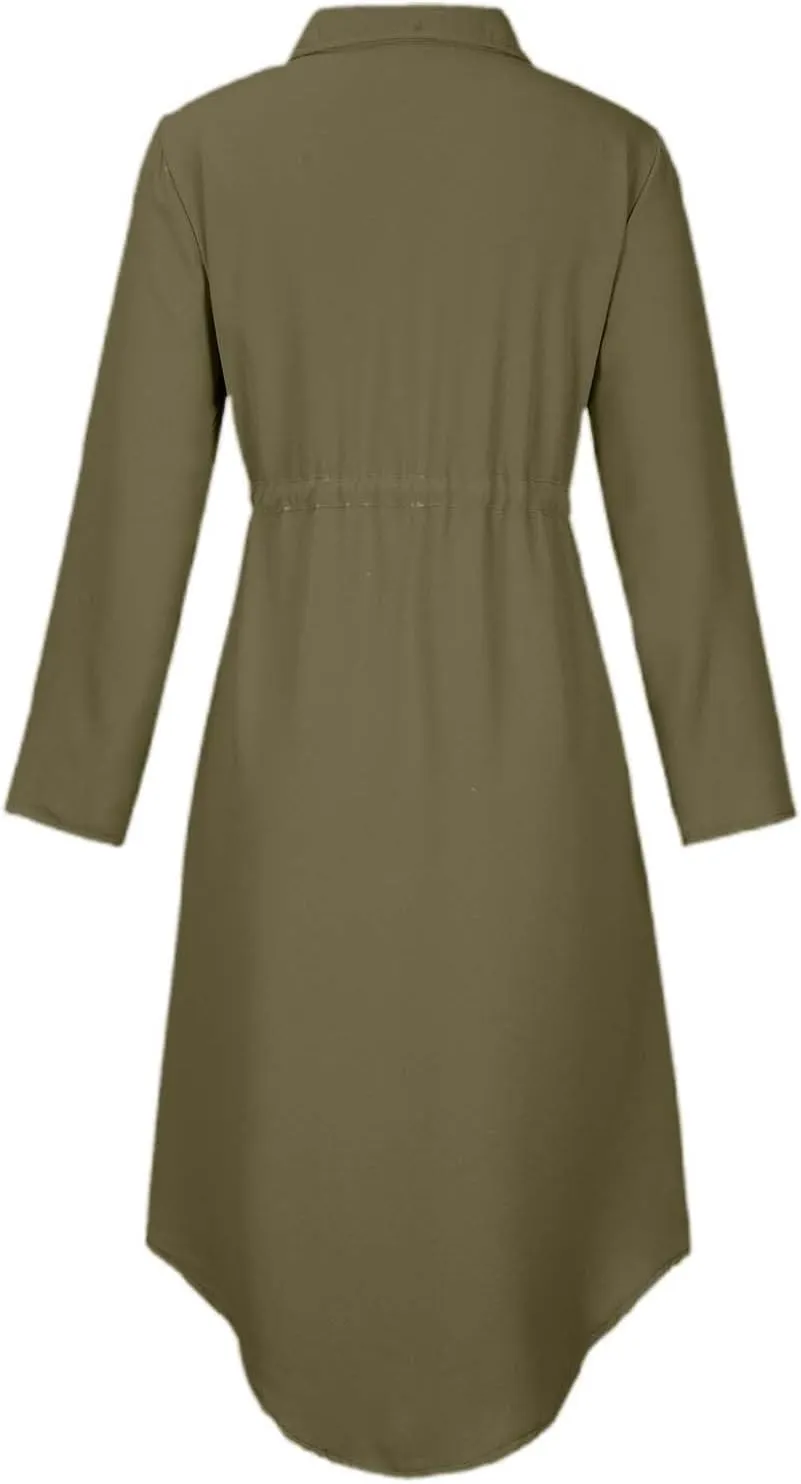PTOLOCIF Beach Dresses for Women Casual Cotton Linen Dresses Loose Lapel Drawstring Shirt Dress Solid Button Down Sundress