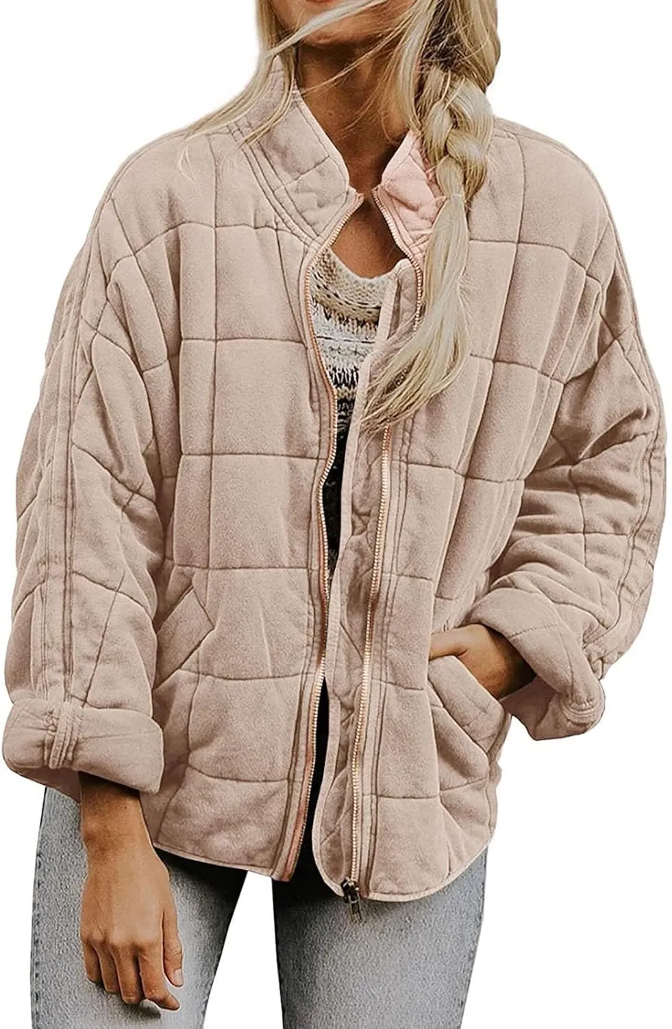 Quilted Jackets for Women Lightweight Dolman Sleeve Down Coats Zipper Padded Bomber Jackets Outwear with Pocket