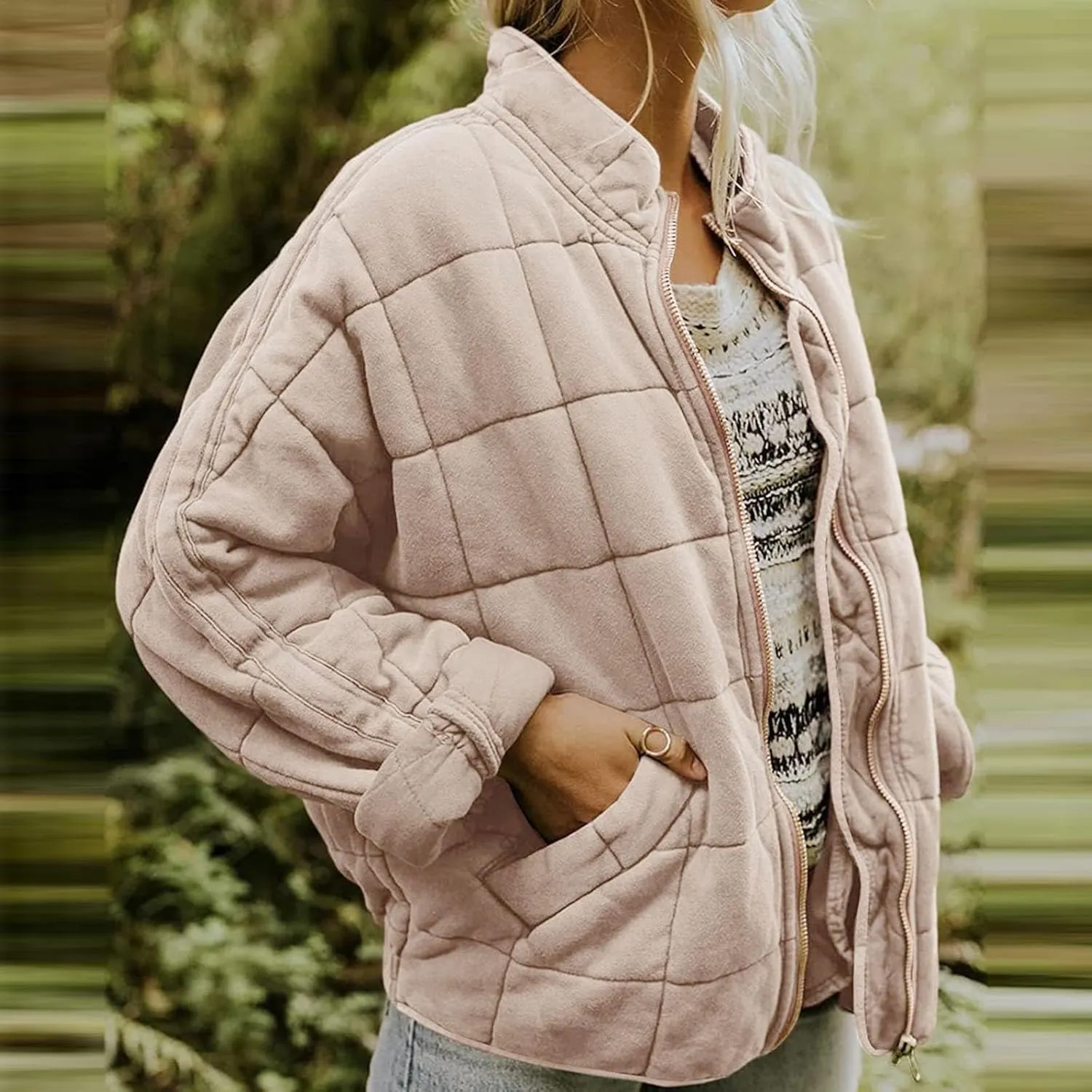 Quilted Jackets for Women Lightweight Dolman Sleeve Down Coats Zipper Padded Bomber Jackets Outwear with Pocket