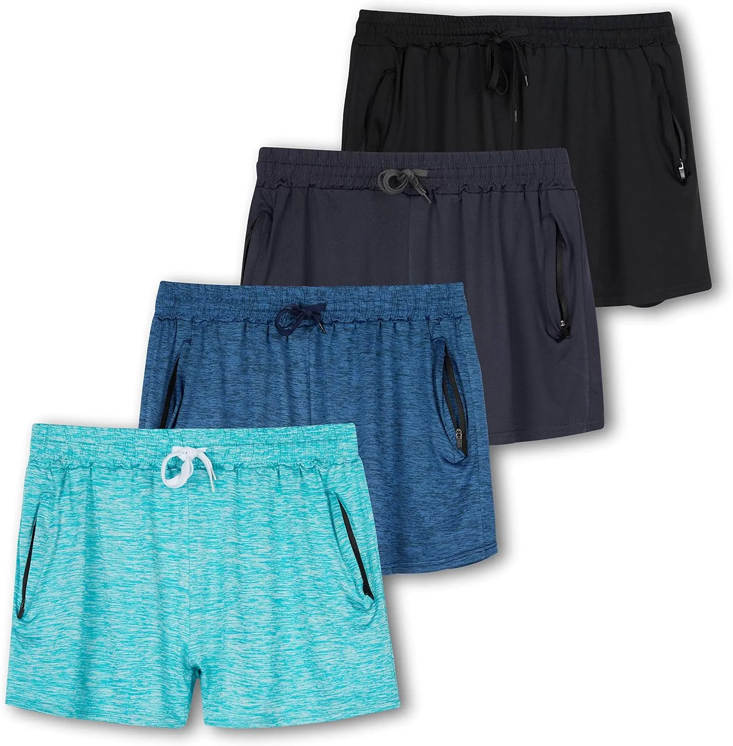 Real Essentials 4 Pack: Womens Athletic Dry-Fit Lounge Shorts with Zipper Pockets (Available in Plus Size)