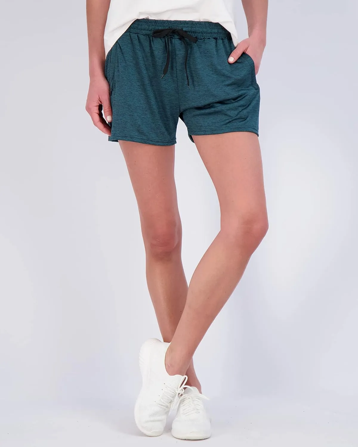 Real Essentials 4 Pack: Womens Athletic Dry-Fit Lounge Shorts with Zipper Pockets (Available in Plus Size)