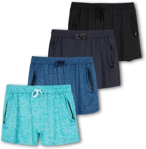 Real Essentials 4 Pack: Womens Athletic Dry-Fit Lounge Shorts with Zipper Pockets (Available in Plus Size)