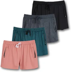 Real Essentials 4 Pack: Womens Athletic Dry-Fit Lounge Shorts with Zipper Pockets (Available in Plus Size)