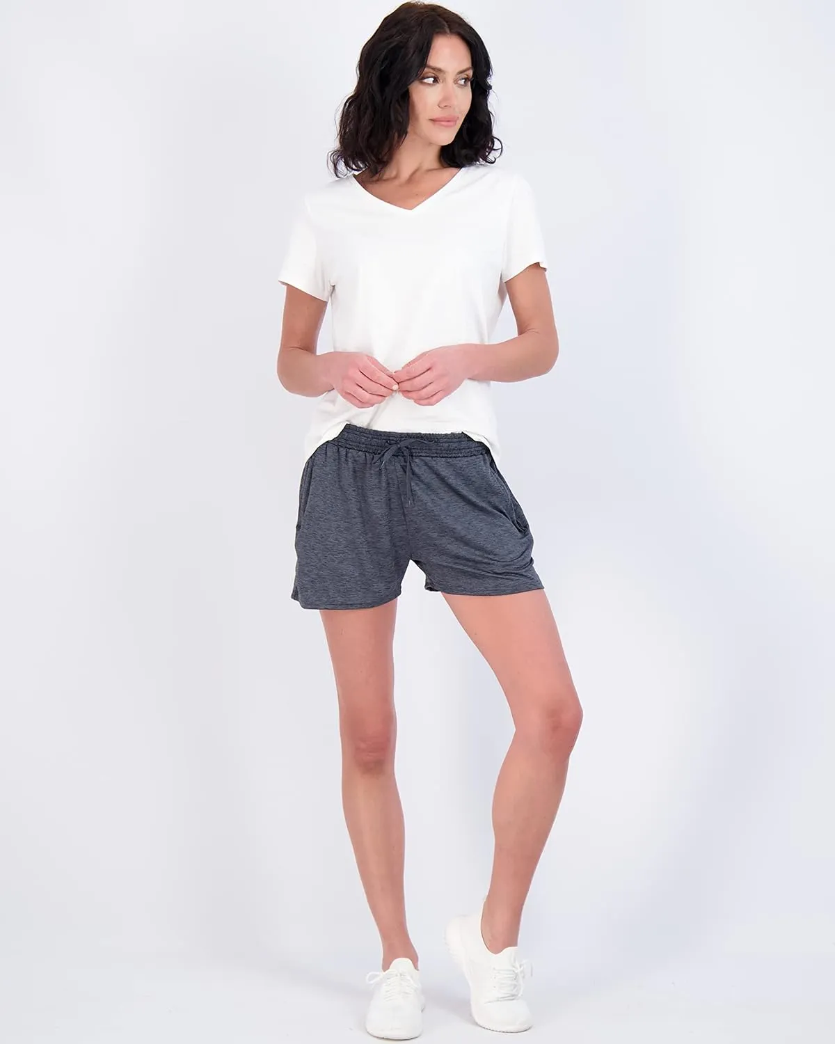 Real Essentials 4 Pack: Womens Athletic Dry-Fit Lounge Shorts with Zipper Pockets (Available in Plus Size)