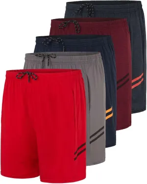 Real Essentials 5 Pack: Men's 5" Inseam Dry-Fit Running Workout Shorts - Pockets & Drawstring (Available in Big & Tall)