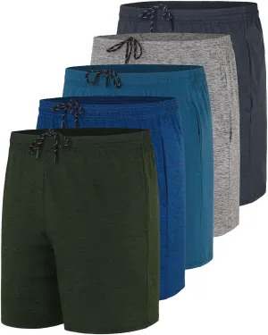 Real Essentials 5 Pack: Men's 5" Inseam Dry-Fit Running Workout Shorts - Pockets & Drawstring (Available in Big & Tall)