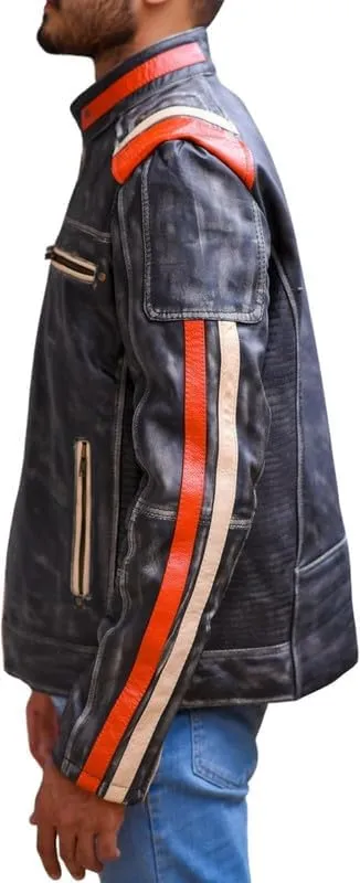Real Leather Retro Moto Cafe Racer Jackets - Passing Link Victory Lane Biker Jackets - Men's HD Motorcycle Jackets