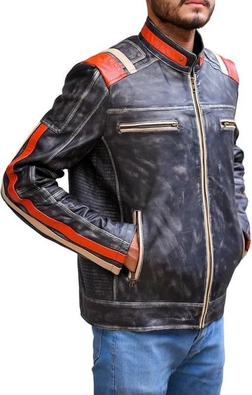 Real Leather Retro Moto Cafe Racer Jackets - Passing Link Victory Lane Biker Jackets - Men's HD Motorcycle Jackets