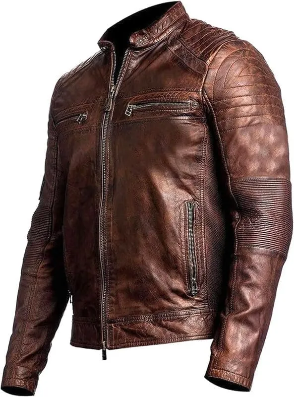 Real Leather Retro Moto Cafe Racer Jackets - Passing Link Victory Lane Biker Jackets - Men's HD Motorcycle Jackets