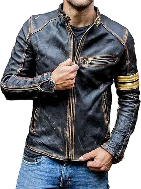 Real Leather Retro Moto Cafe Racer Jackets - Passing Link Victory Lane Biker Jackets - Men's HD Motorcycle Jackets