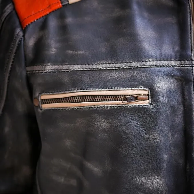 Real Leather Retro Moto Cafe Racer Jackets - Passing Link Victory Lane Biker Jackets - Men's HD Motorcycle Jackets