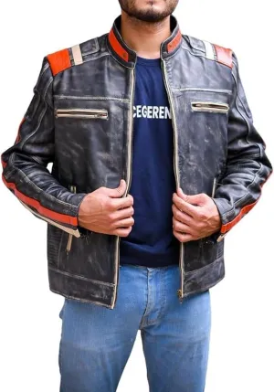 Real Leather Retro Moto Cafe Racer Jackets - Passing Link Victory Lane Biker Jackets - Men's HD Motorcycle Jackets