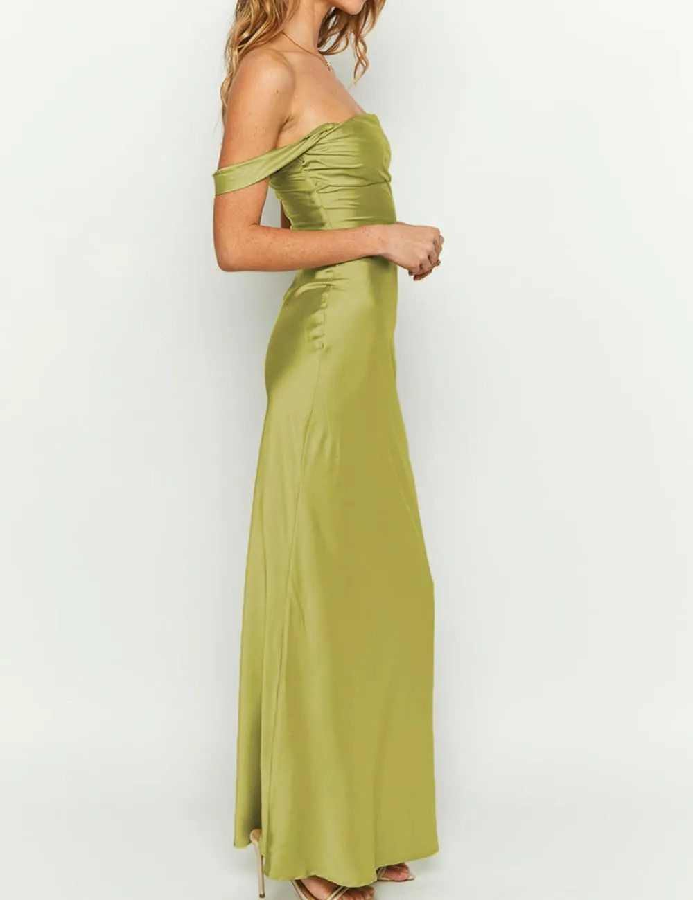 Realtix Elegant Satin Off The Shoulder Ruched Backless Maxi Dress for Women Strapless Tube Sleeveless Bridesmaid Dresses