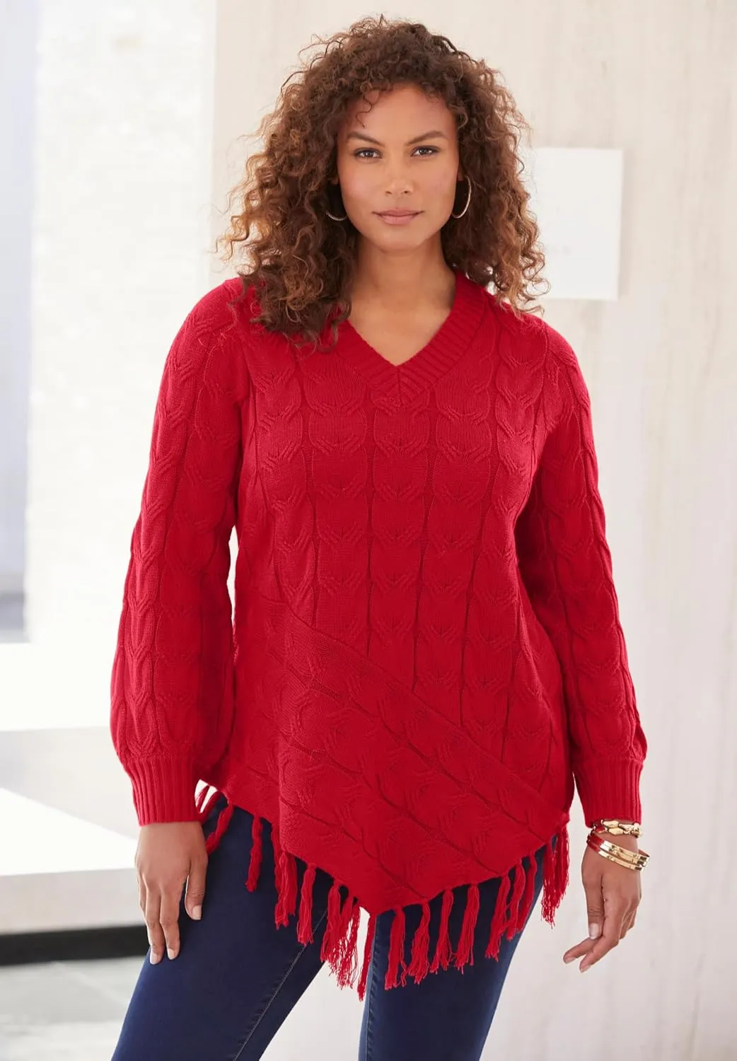 Roaman's Women's Plus Size Fringed Cable Knit Sweater