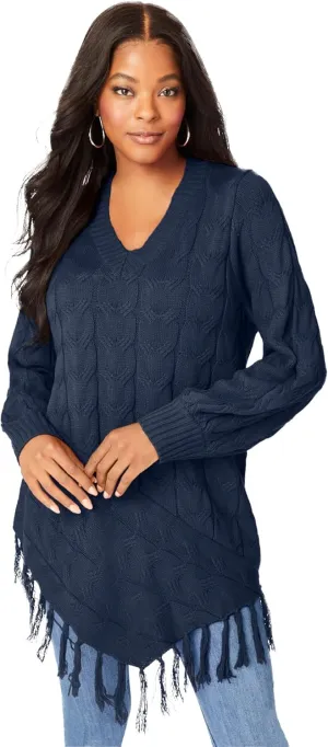 Roaman's Women's Plus Size Fringed Cable Knit Sweater