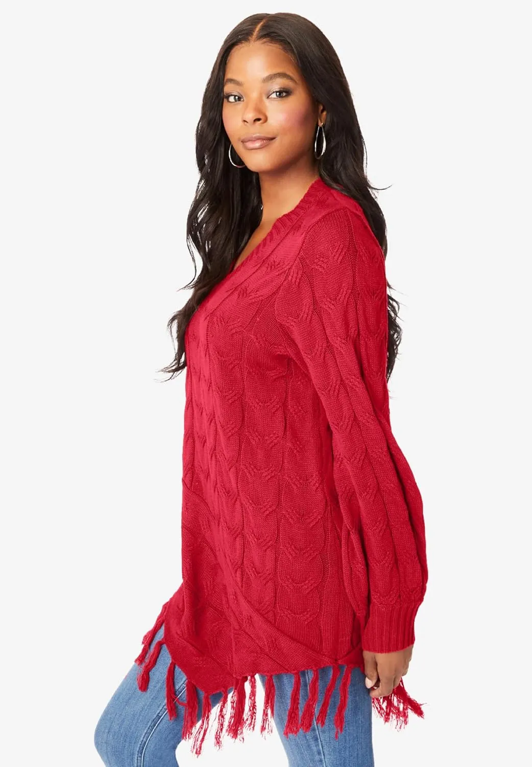 Roaman's Women's Plus Size Fringed Cable Knit Sweater