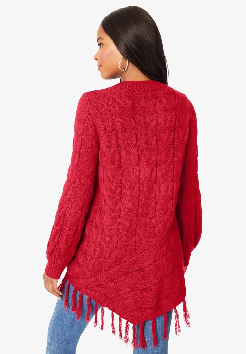 Roaman's Women's Plus Size Fringed Cable Knit Sweater