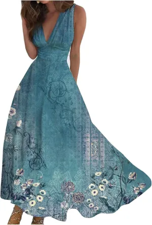 RTRDE Women's Summer Casual Dresses 2025 Print Sleeveless Deep V-Neck Wrap Floral Maxi Dress Wedding, S-3XL